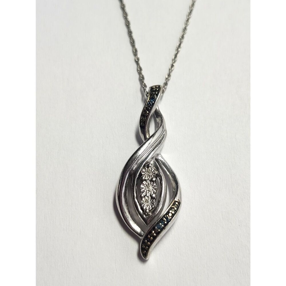 Sterling Silver White And Blue Diamond Necklace 18" Length